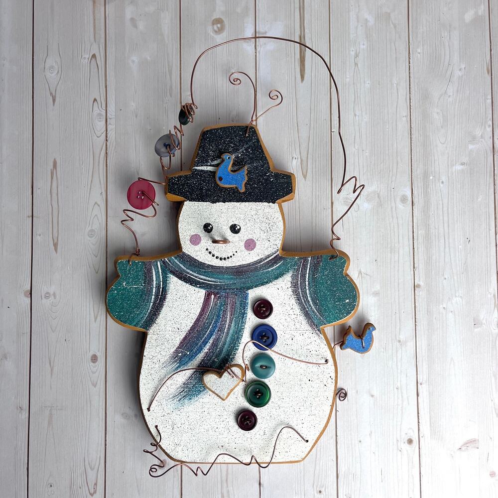 VTG 90s Handcrafted Snowman Wall Handing Country Birds Signed Pat Tiffany Morris